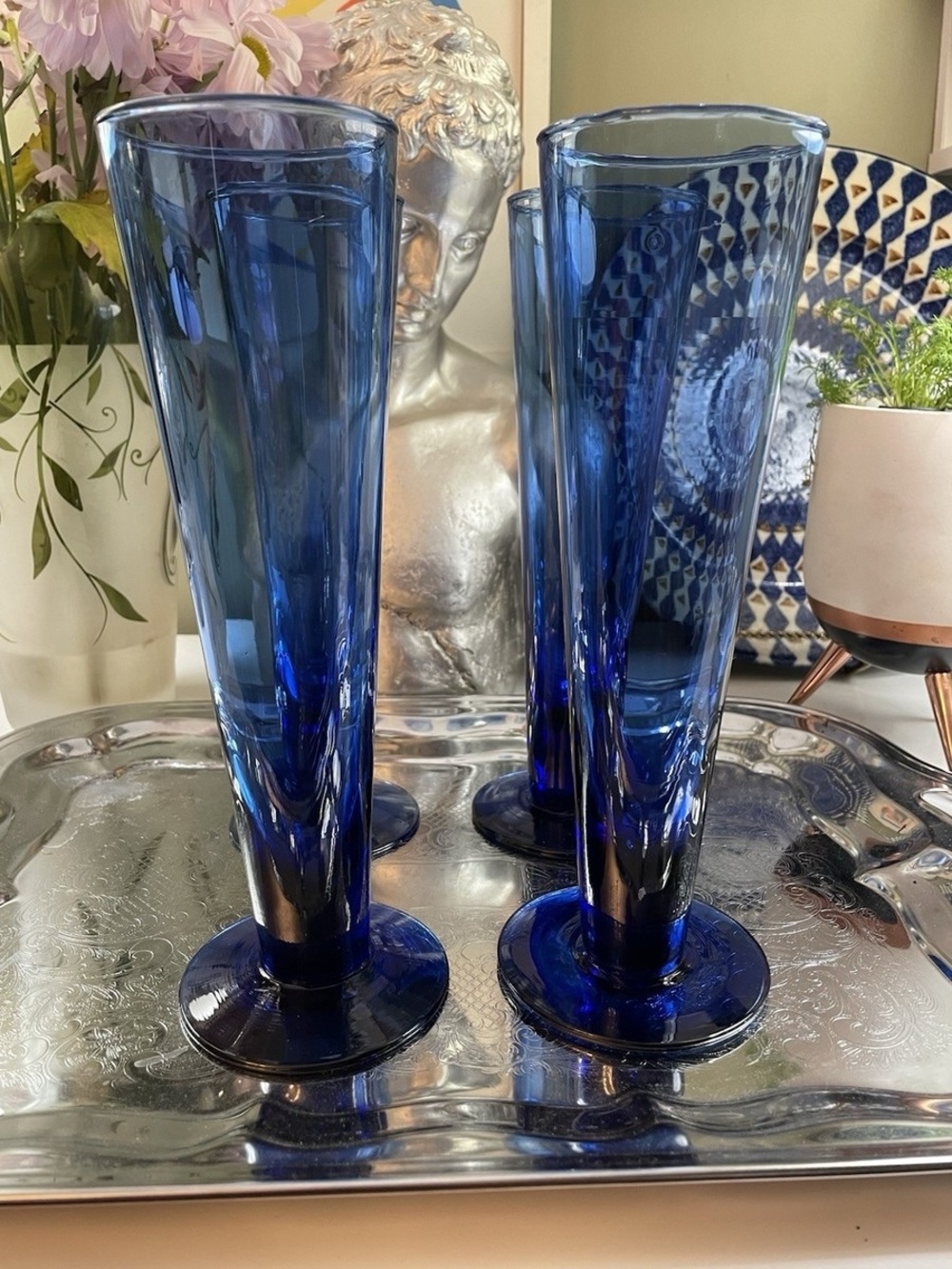 💙 SET OF 4 VINTAGE COBALT BLUE GLASS FOOTED BEER BARWARE~CHAMPAGNE~9 1/4”